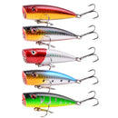 Kit 5 Iscas Popper de Superfície para Pesca de Tucunaré e Robalo